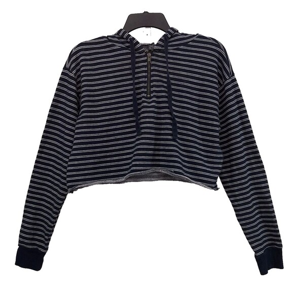 Wild Fable Sweatshirt Womens XS Navy Blue Strip Hooded Crop 1/4 Zip - Picture 1 of 8